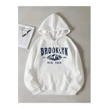 Unisex Beyaz Brooklyn Baskılı Kapüşonlu Sweatshirt