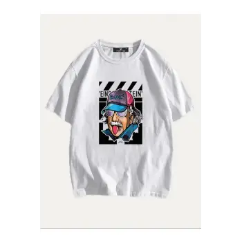 Unisex Beyaz Einstein Baskılı Oversize Tişört