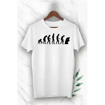 Unısex Beyaz Evolution Evrim Baskılı Tişört