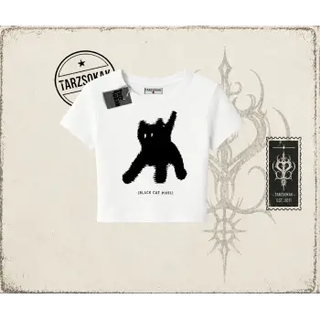 Unisex Black Cat Pixel Kadın Baby Tee Beyaz
