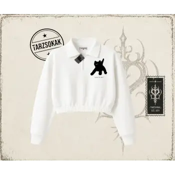 Unisex Black Cat Pixel Kadın Crop Polo Yaka Yarım Fermuarlı Sweatshirt Beyaz