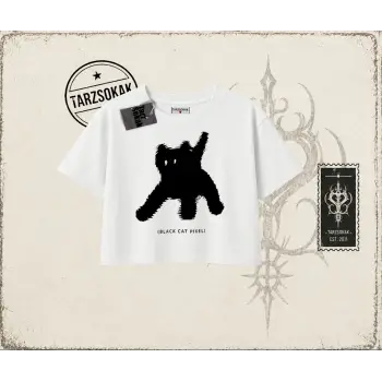 Unisex Black Cat Pixel Kadın Crop Tişört Beyaz