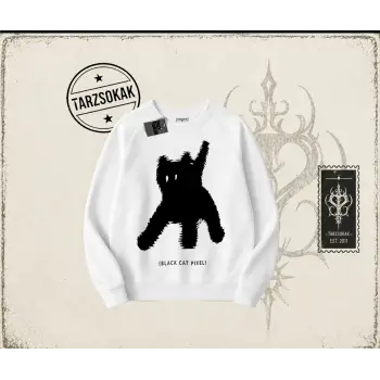 Unisex Black Cat Pixel Oversize Unisex Bisiklet Yaka Sweatshirt Beyaz