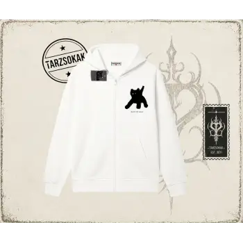 Unisex Black Cat Pixel Oversize Unisex Hırka & Çeket Fermuarlı Sweatshirt Beyaz