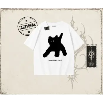 Unisex Black Cat Pixel Oversize Unisex Tişört Beyaz