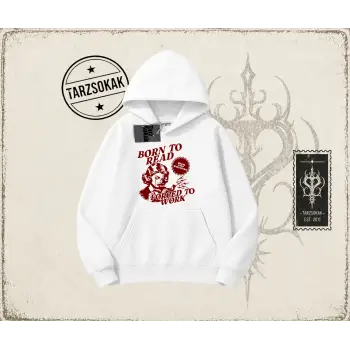 Unisex Born to Read Oversize Unisex Kapşonlu Sweatshirt Beyaz