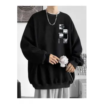 Unisex Bravely Baskılı Oversize Bisiklet Yaka Sweatshirt Siyah