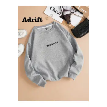 Unisex Brooklyn Baskılı Bisiklet Yaka Sweatshirt Gri