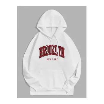 Unisex Brooklyn Baskılı Kapüşonlu Sweatshirt Beyaz