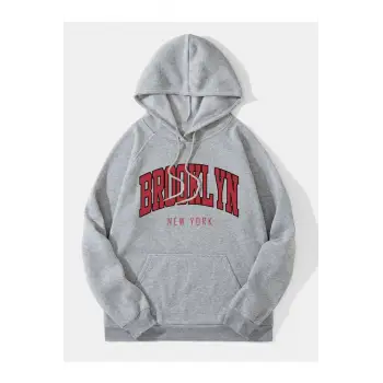 Unisex Brooklyn Baskılı Kapüşonlu Sweatshirt Gri