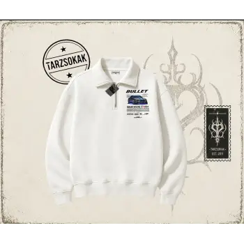 Unisex Bullet Fast and Furios v2 Unisex Polo Yaka Yarım Fermuarlı Sweatshirt Beyaz