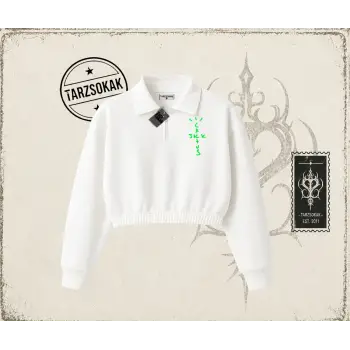 Unisex Cactus Jack Air Kadın Crop Polo Yaka Yarım Fermuarlı Sweatshirt Beyaz
