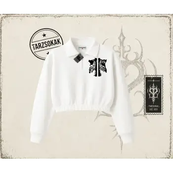 Unisex Cage Y2k Kadın Crop Polo Yaka Yarım Fermuarlı Sweatshirt Beyaz