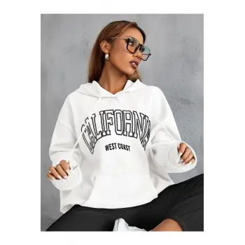 Unisex Calıfornia Baskılı Kapüşonlu Sweatshirt Beyaz