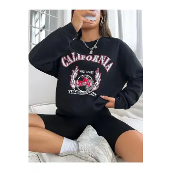 Unisex Calıfornıa Baskılı Oversize Kapüşonlu Sweatshirt Siyah