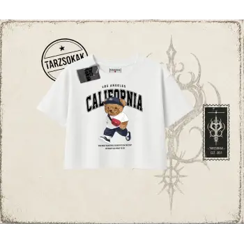 Unisex California Bear Kadın Crop Tişört Beyaz