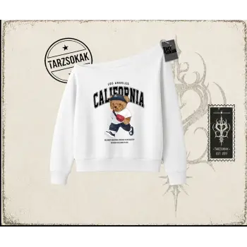 Unisex California Bear Kadın Kayık Yaka Sweatshirt Beyaz