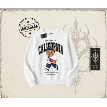 Unisex California Bear Oversize Unisex Bisiklet Yaka Sweatshirt Beyaz