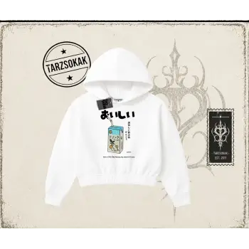 Unisex Cat Lemon Juice Kadın Crop Kapşonlu Sweatshirt Beyaz
