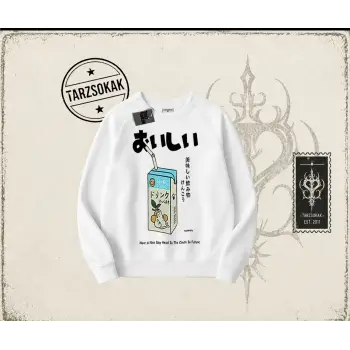 Unisex Cat Lemon Juice Oversize Unisex Bisiklet Yaka Sweatshirt Beyaz