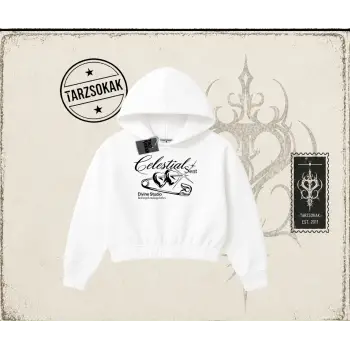 Unisex Celestial Sent Kadın Crop Kapşonlu Sweatshirt Beyaz