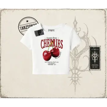 Unisex Cherries Kadın Baby Tee Beyaz