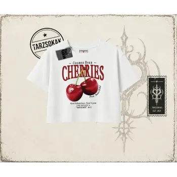 Unisex Cherries Kadın Crop Tişört Beyaz