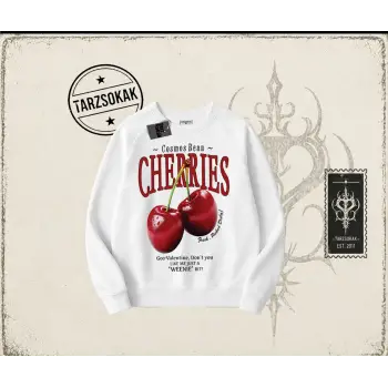 Unisex Cherries Oversize Unisex Bisiklet Yaka Sweatshirt Beyaz