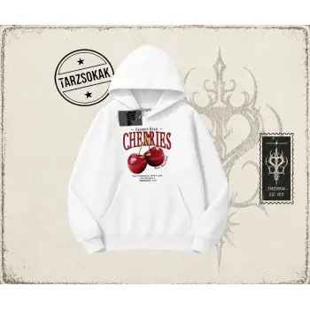 Unisex Cherries Oversize Unisex Kapşonlu Sweatshirt Beyaz