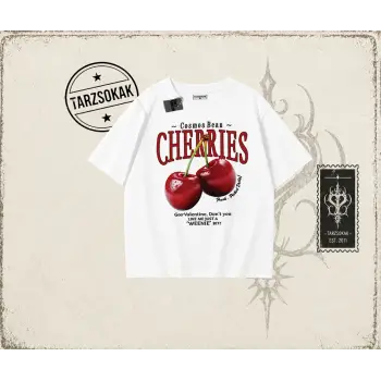 Unisex Cherries Oversize Unisex Tişört Beyaz