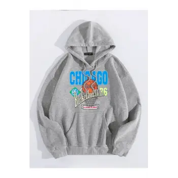 Unisex Chicago76 Baskılı Oversize Kapüşonlu Sweatshirt Gri