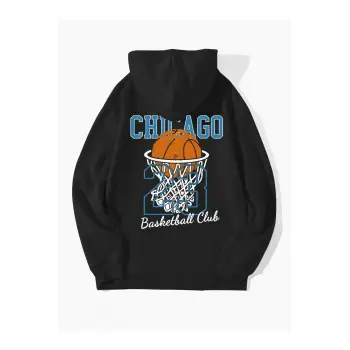 Unisex Chicago76 Baskılı Oversize Kapüşonlu Sweatshirt Siyah