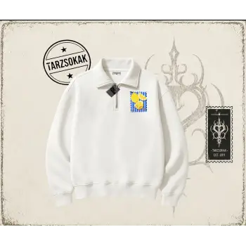 Unisex Citrus Unisex Polo Yaka Yarım Fermuarlı Sweatshirt Beyaz