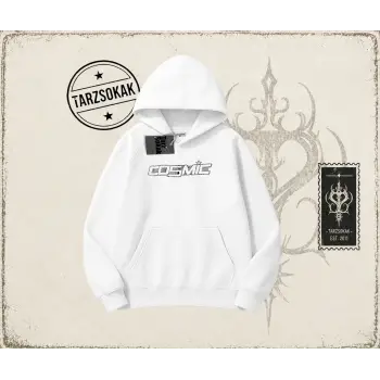 Unisex Cosmic Oversize Unisex Kapşonlu Sweatshirt Beyaz