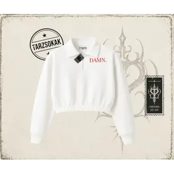 Unisex Damn Kendrick Lamar Kadın Crop Polo Yaka Yarım Fermuarlı Sweatshirt Beyaz