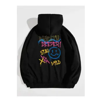 Unisex Deeper Baskılı Oversize Kapüşonlu Sweatshirt Siyah