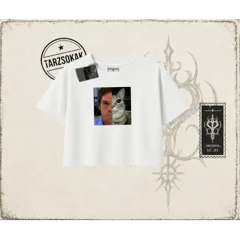 Unisex Dexter Cat Kadın Crop Tişört Beyaz