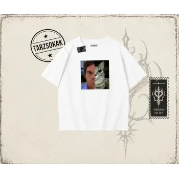 Unisex Dexter Cat Oversize Unisex Tişört Beyaz