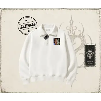 Unisex Dexter Cat Unisex Polo Yaka Yarım Fermuarlı Sweatshirt Beyaz