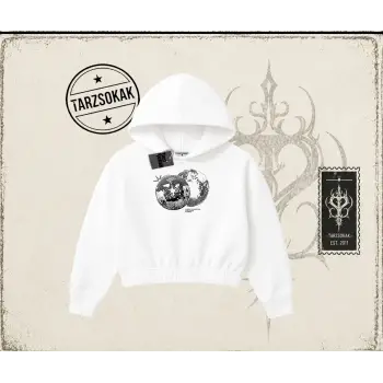 Unisex Discoball Kadın Crop Kapşonlu Sweatshirt Beyaz