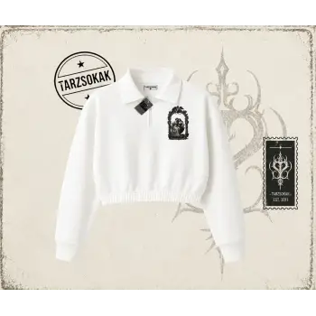 Unisex Do not be Afraid Kadın Crop Polo Yaka Yarım Fermuarlı Sweatshirt Beyaz