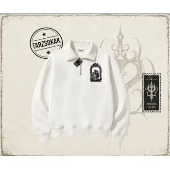 Unisex Do not be Afraid Unisex Polo Yaka Yarım Fermuarlı Sweatshirt Beyaz