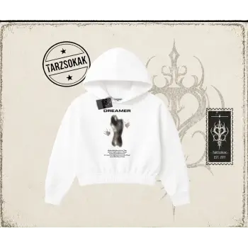 Unisex Dreamer Kadın Crop Kapşonlu Sweatshirt Beyaz