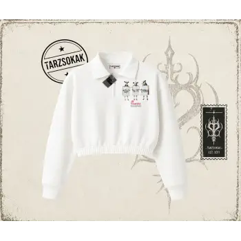 Unisex Eat More Chickin Kadın Crop Polo Yaka Yarım Fermuarlı Sweatshirt Beyaz