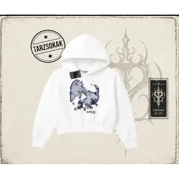 Unisex Embryo Kadın Crop Kapşonlu Sweatshirt Beyaz
