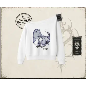 Unisex Embryo Kadın Kayık Yaka Sweatshirt Beyaz