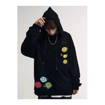 Unisex Emoji Özel Baskılı Kapüşonlu Oversize Sweatshirt Siyah