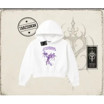 Unisex Emotions Kadın Crop Kapşonlu Sweatshirt Beyaz