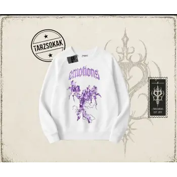 Unisex Emotions Oversize Unisex Bisiklet Yaka Sweatshirt Beyaz
