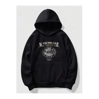 Unisex Erkek WINTER SNOW baskılı kapüşonlu oversize sweatshirt Siyah